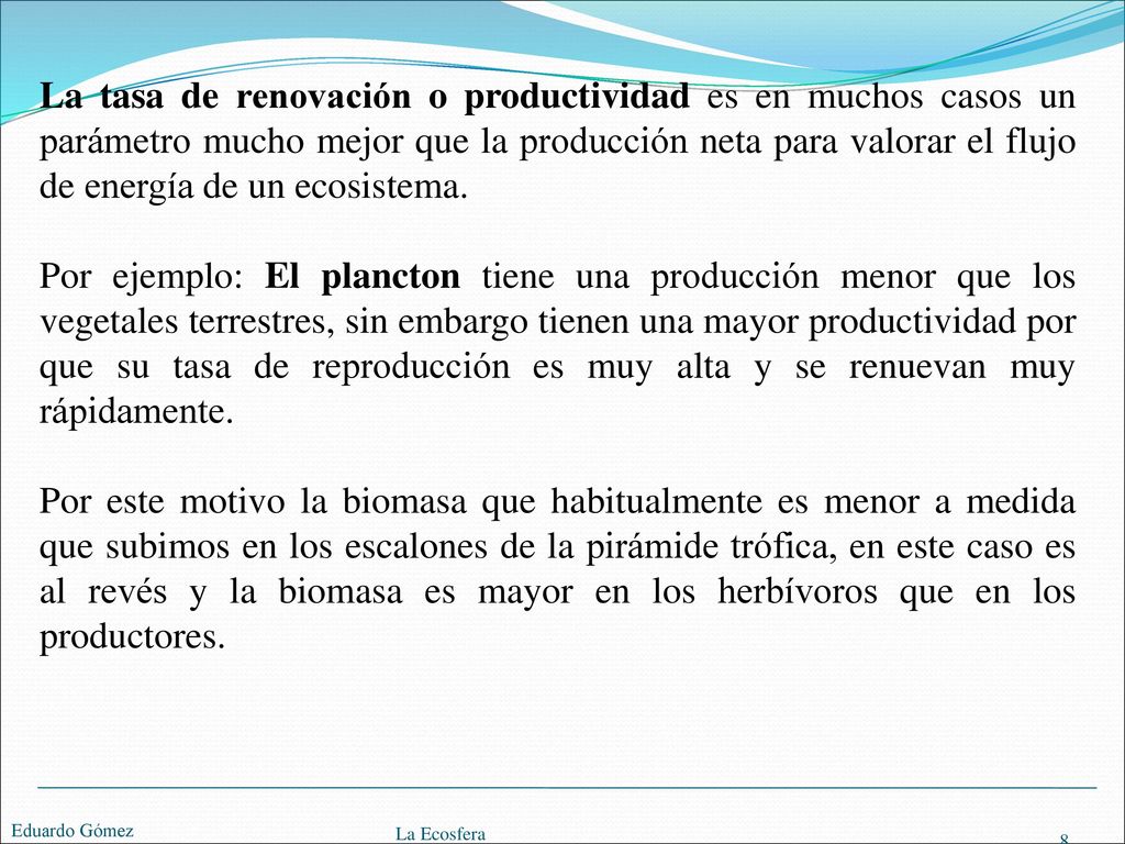 La tasa de renovación o productividad es en muchos casos un parámetro mucho mejor que la producción neta para valorar el flujo de energía de un ecosistema.