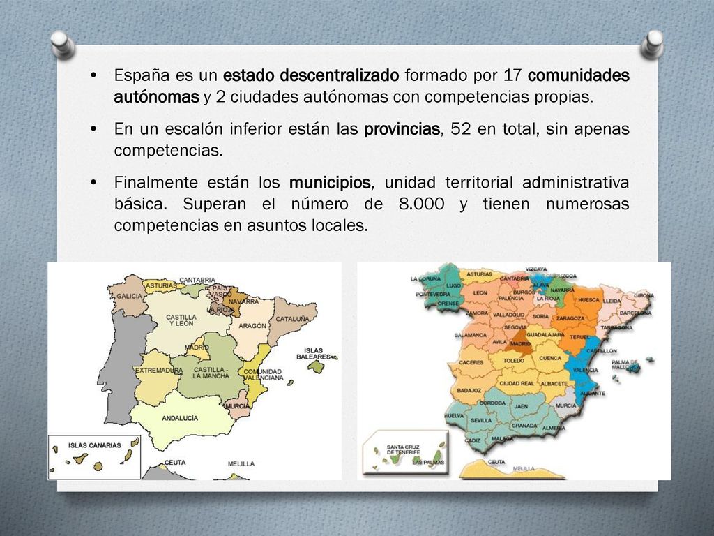 España es un estado descentralizado formado por 17 comunidades autónomas y 2 ciudades autónomas con competencias propias.
