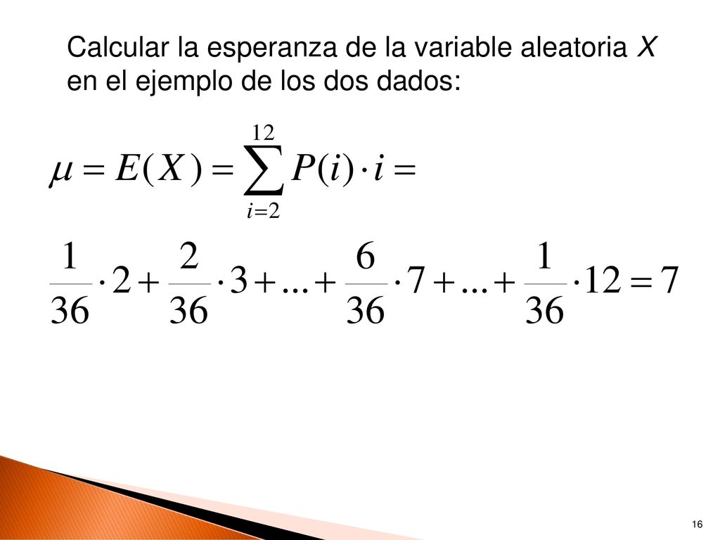 Calcular la esperanza de la variable aleatoria X en el ejemplo de los dos dados: