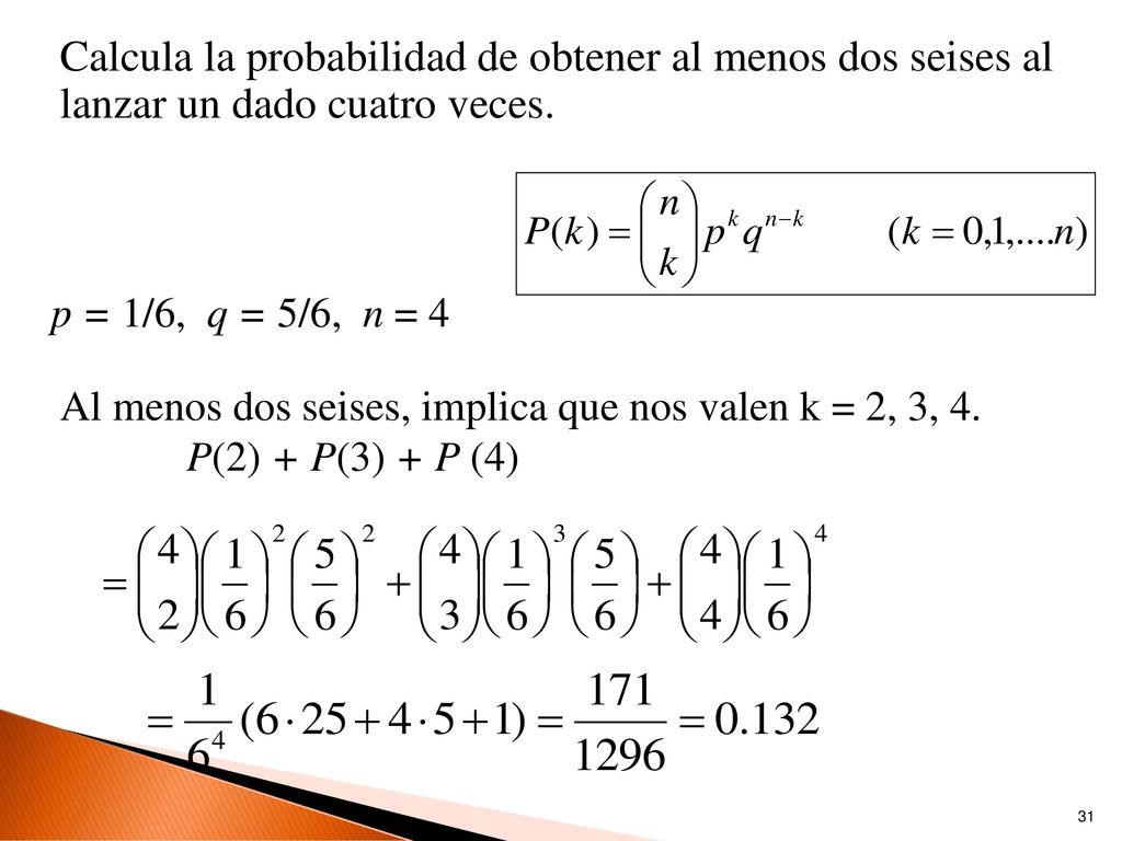 Calcula la probabilidad de obtener al menos dos seises al lanzar un dado cuatro veces.