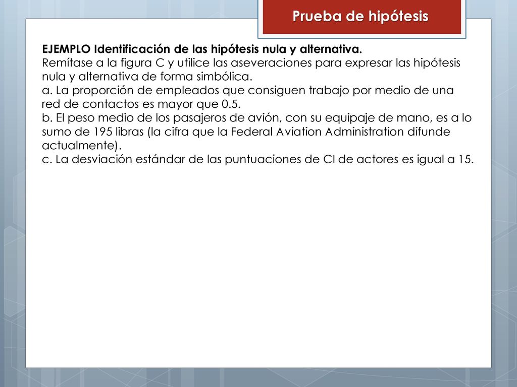 Prueba de hipótesis EJEMPLO Identificación de las hipótesis nula y alternativa.
