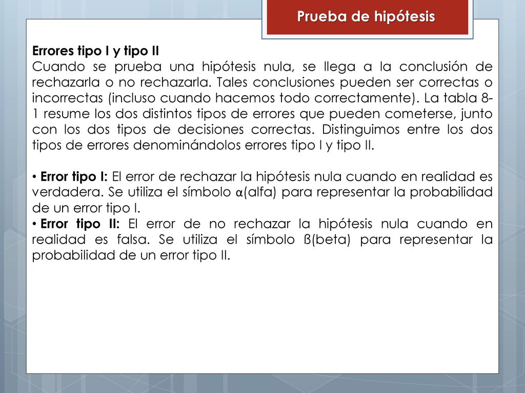 Prueba de hipótesis Errores tipo I y tipo II