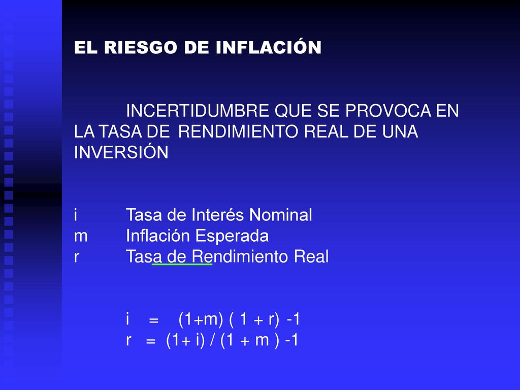 EL RIESGO DE INFLACIÓN INCERTIDUMBRE QUE SE PROVOCA EN LA TASA DE RENDIMIENTO REAL DE UNA INVERSIÓN.