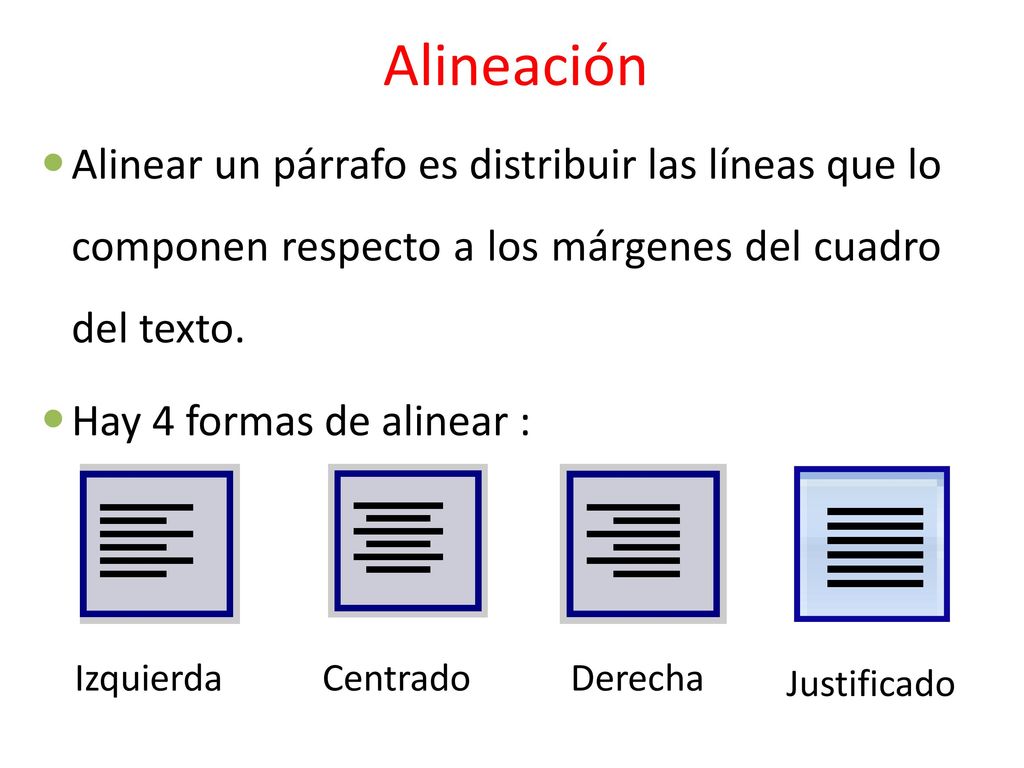 Alineación Alinear un párrafo es distribuir las líneas que lo componen respecto a los márgenes del cuadro del texto.