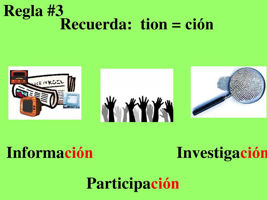 Regla #3 Recuerda: tion = ción Información Investigación Participación