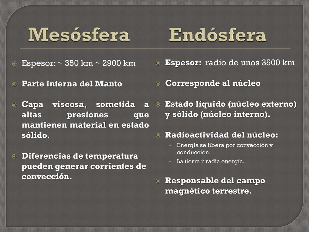 Mesósfera Endósfera Espesor: ~ 350 km ~ 2900 km