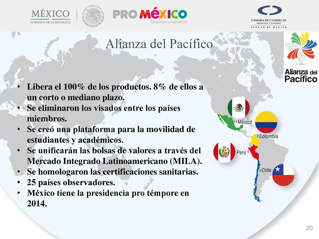 Alianza del Pacífico Libera el 100% de los productos. 8% de ellos a un corto o mediano plazo. Se eliminaron los visados ​​entre los países miembros.