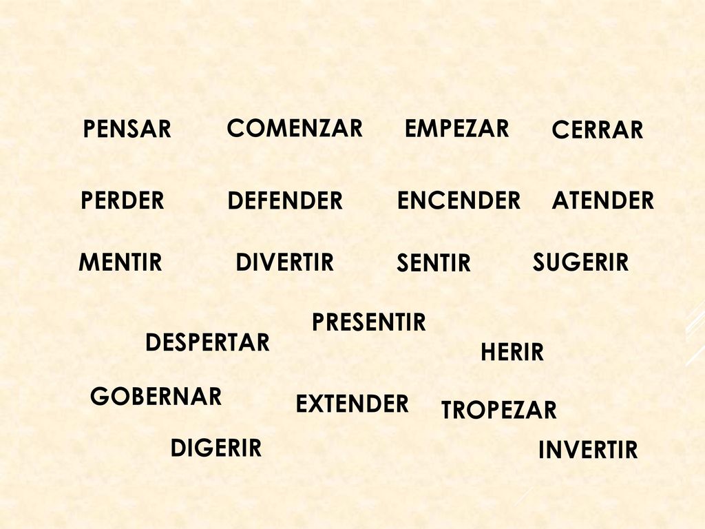 PENSAR COMENZAR. EMPEZAR. CERRAR. PERDER. DEFENDER. ENCENDER. ATENDER. MENTIR. DIVERTIR. SENTIR.