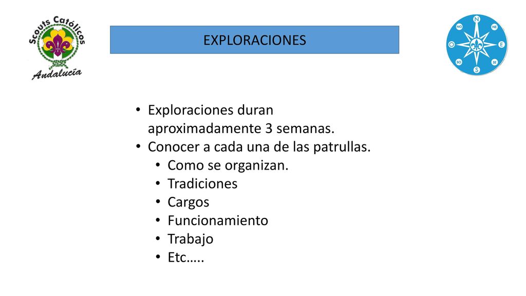 EXPLORACIONES Exploraciones duran aproximadamente 3 semanas. Conocer a cada una de las patrullas. Como se organizan.