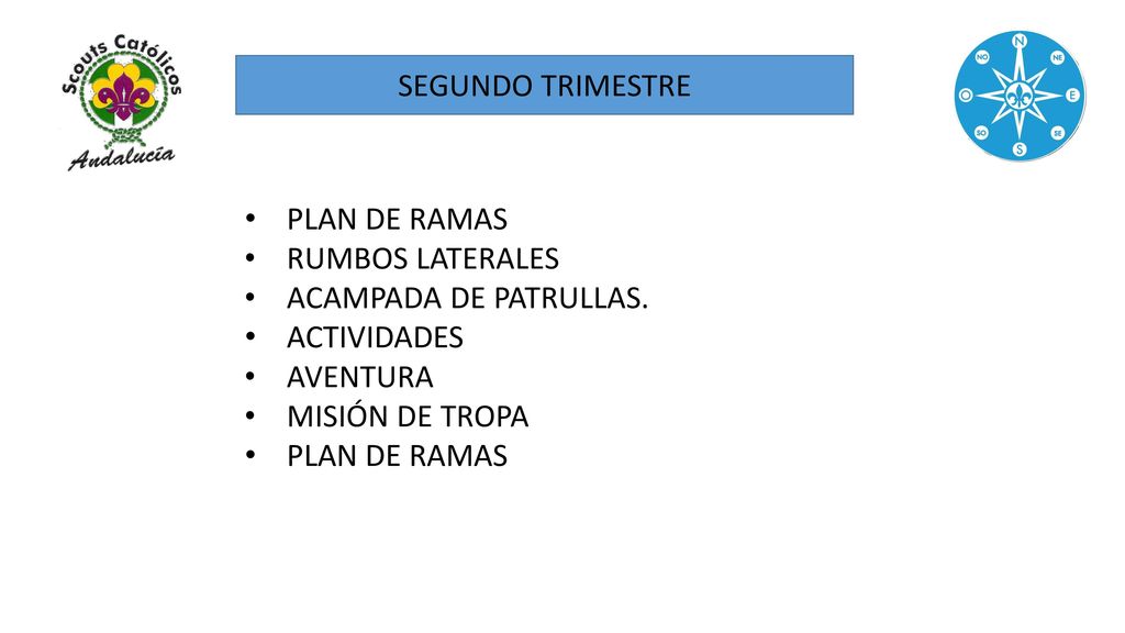 SEGUNDO TRIMESTRE PLAN DE RAMAS. RUMBOS LATERALES. ACAMPADA DE PATRULLAS. ACTIVIDADES. AVENTURA.