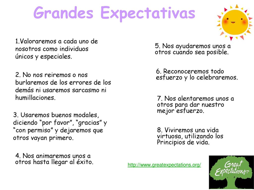 Grandes Expectativas 1.Valoraremos a cada uno de nosotros como individuos únicos y especiales. 5. Nos ayudaremos unos a otros cuando sea posible.