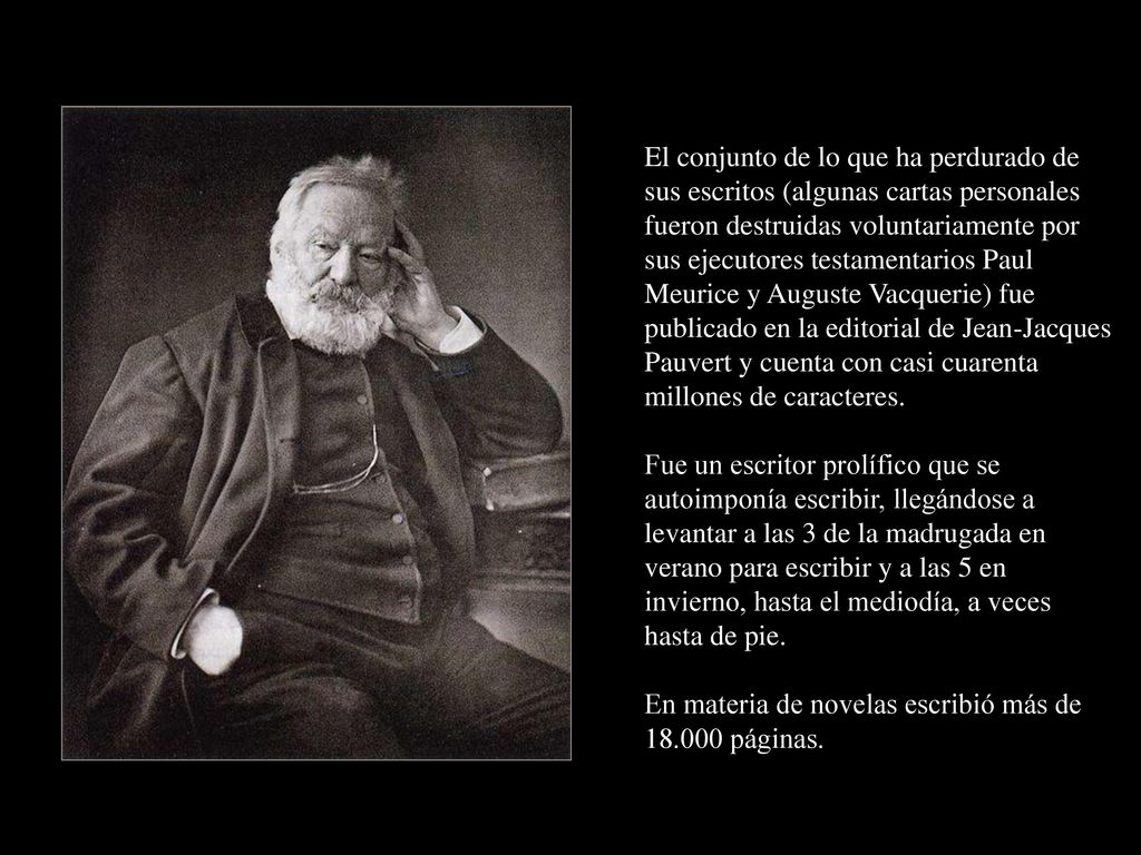 El conjunto de lo que ha perdurado de sus escritos (algunas cartas personales fueron destruidas voluntariamente por sus ejecutores testamentarios Paul Meurice y Auguste Vacquerie) fue publicado en la editorial de Jean-Jacques Pauvert y cuenta con casi cuarenta millones de caracteres.