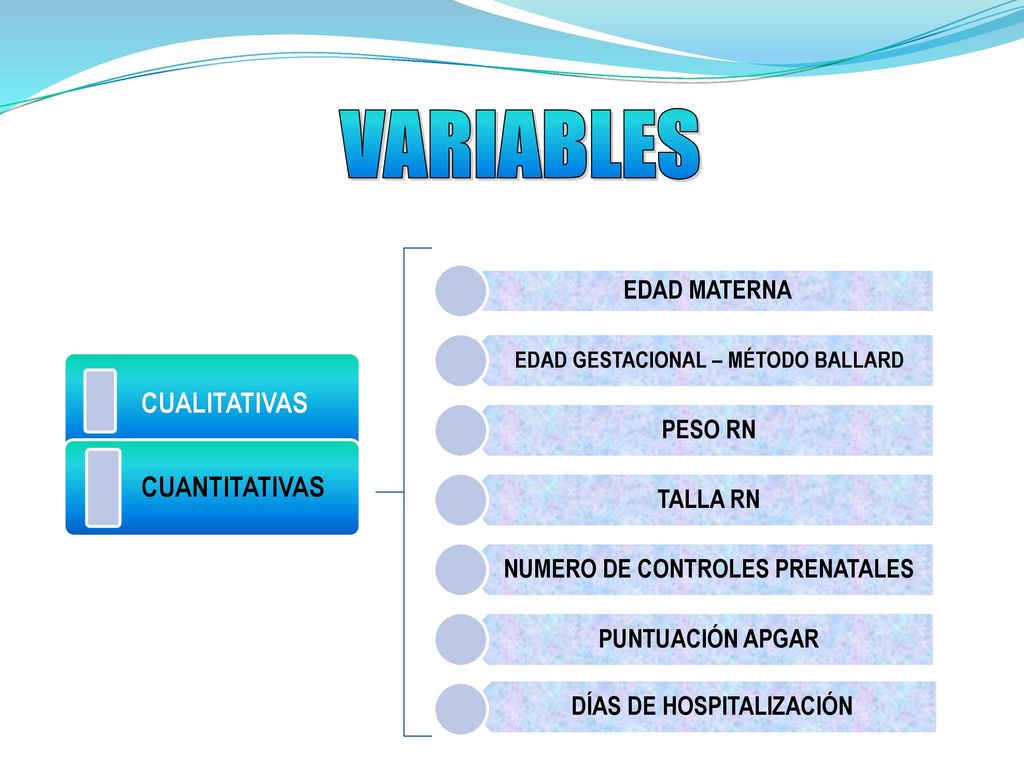 VARIABLES CUALITATIVAS CUANTITATIVAS EDAD MATERNA PESO RN TALLA RN