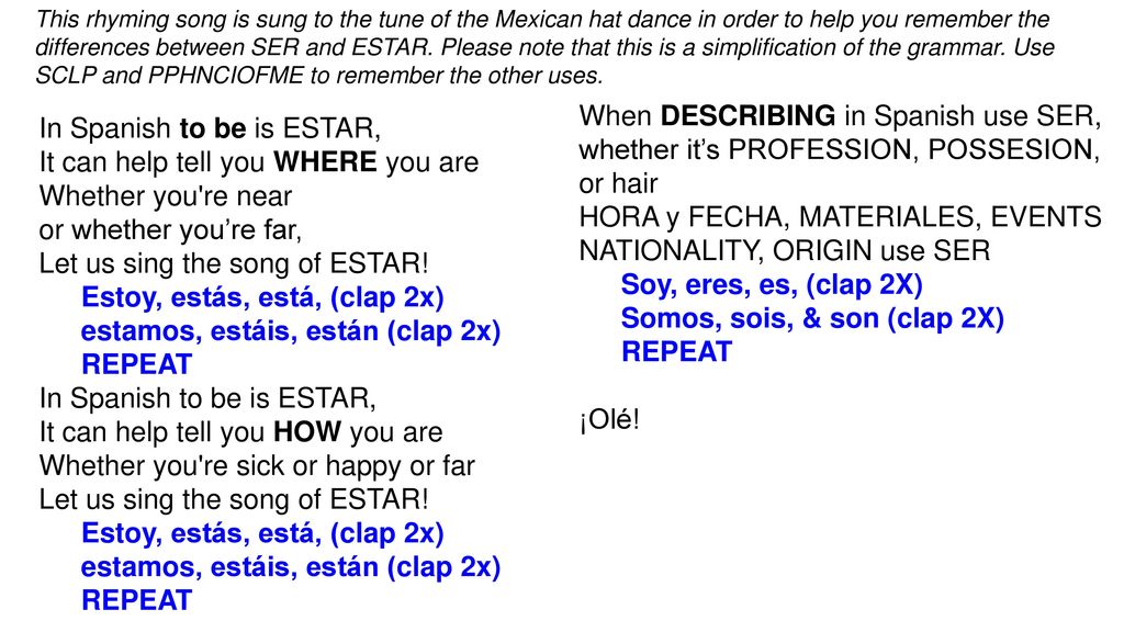 Soy, eres, es, (clap 2X) Somos, sois, & son (clap 2X) REPEAT