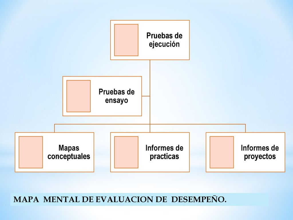 Pruebas de ejecución Mapas conceptuales. Informes de practicas. Informes de proyectos. Pruebas de ensayo.
