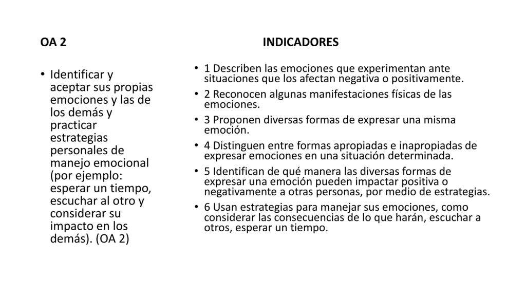OA 2 INDICADORES. 1 Describen las emociones que experimentan ante situaciones que los afectan negativa o positivamente.