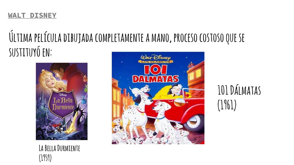 WALT DISNEY Última película dibujada completamente a mano, proceso costoso que se sustituyó en: 101 Dálmatas.