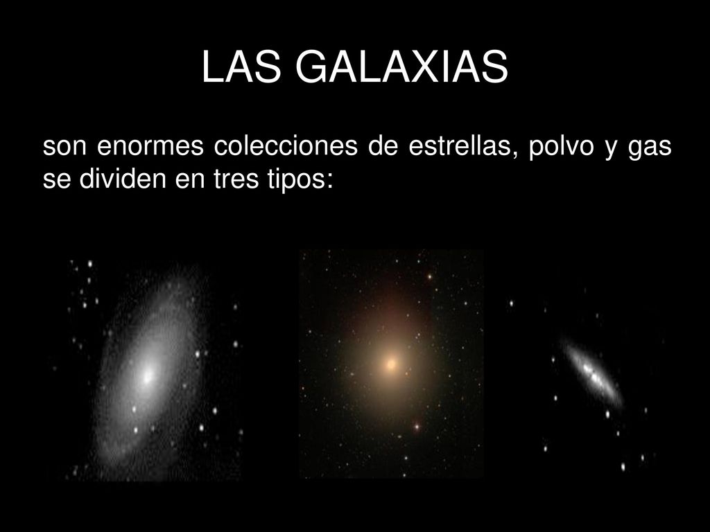 LAS GALAXIAS son enormes colecciones de estrellas, polvo y gas se dividen en tres tipos: Elíptica.
