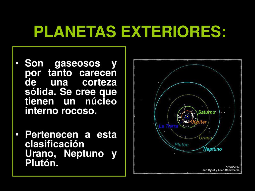 PLANETAS EXTERIORES: Son gaseosos y por tanto carecen de una corteza sólida. Se cree que tienen un núcleo interno rocoso.