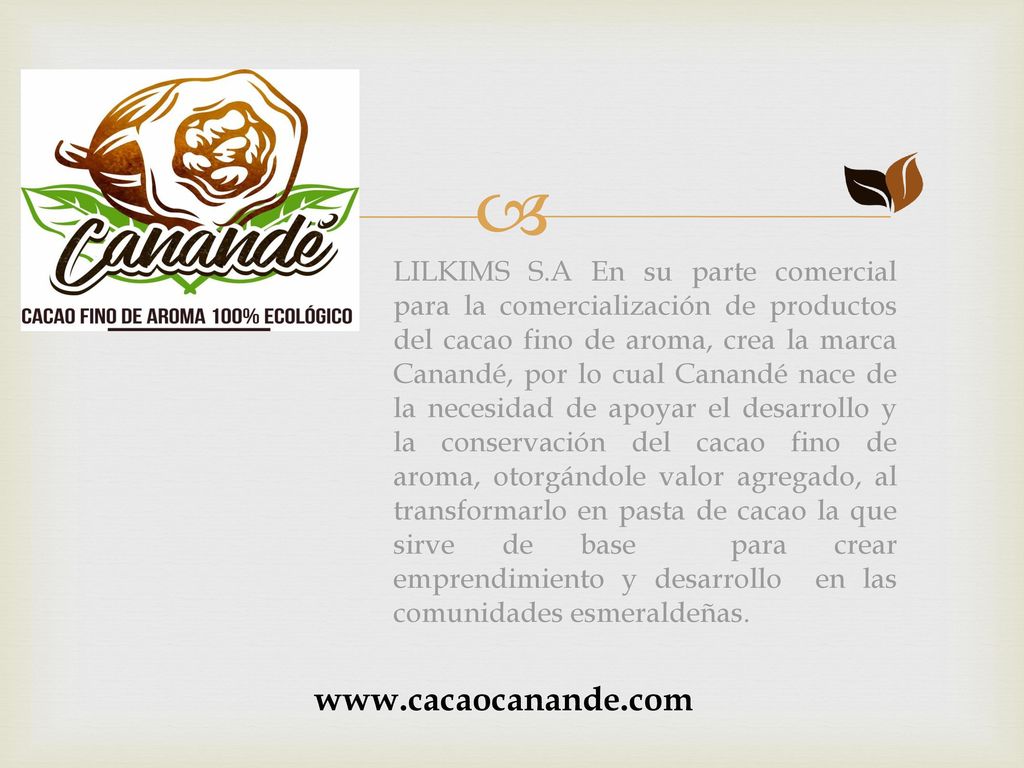 LILKIMS S.A En su parte comercial para la comercialización de productos del cacao fino de aroma, crea la marca Canandé, por lo cual Canandé nace de la necesidad de apoyar el desarrollo y la conservación del cacao fino de aroma, otorgándole valor agregado, al transformarlo en pasta de cacao la que sirve de base para crear emprendimiento y desarrollo en las comunidades esmeraldeñas.