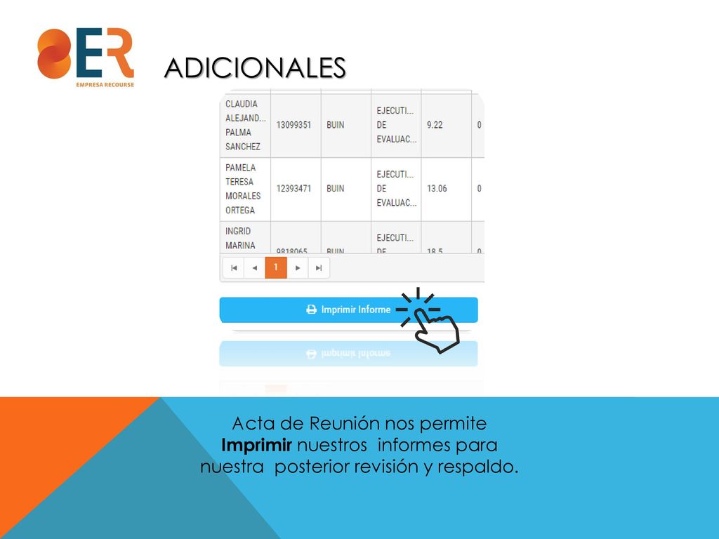 adicionales Acta de Reunión nos permite Imprimir nuestros informes para nuestra posterior revisión y respaldo.