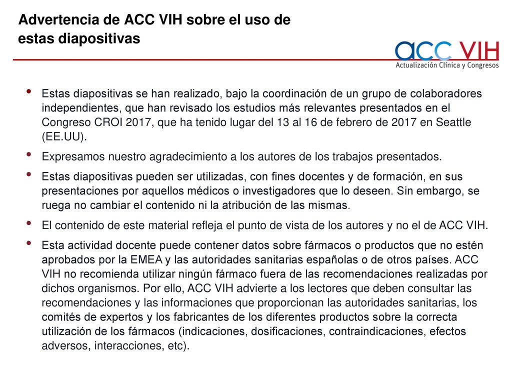 Advertencia de ACC VIH sobre el uso de estas diapositivas