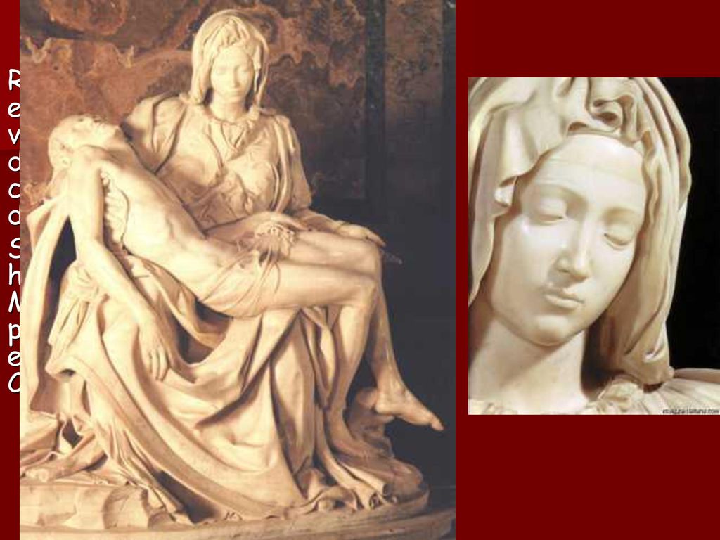 Recurso neoplatónico de hacer la efigie de Maria con la belleza virginal de la edad juvenil, en vez de la madurez, sin apenas contraste con la edad del Cristo difunto.