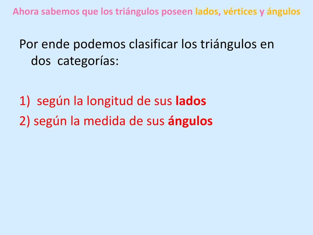 Ahora sabemos que los triángulos poseen lados, vértices y ángulos