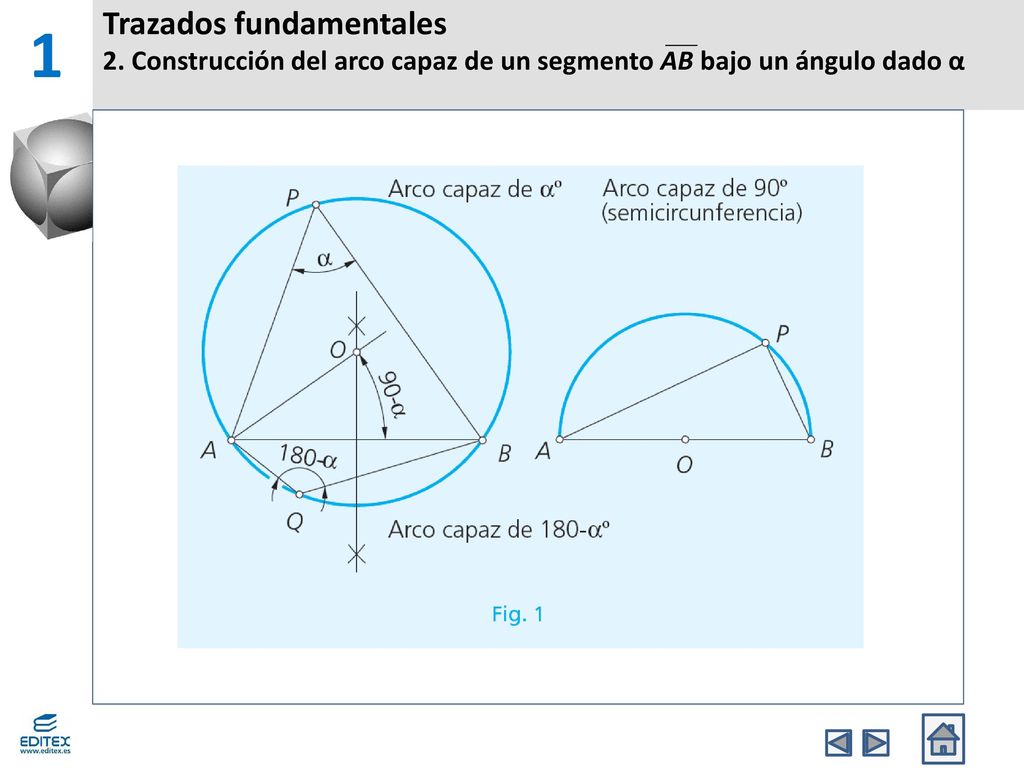 1 Trazados fundamentales 2. Construcción del arco capaz de un segmento AB bajo un ángulo dado α. Banda Superior.