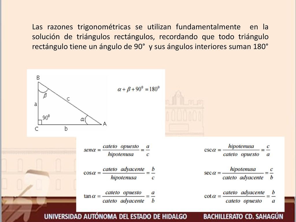Las razones trigonométricas se utilizan fundamentalmente en la solución de triángulos rectángulos, recordando que todo triángulo rectángulo tiene un ángulo de 90° y sus ángulos interiores suman 180°