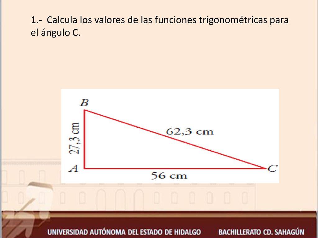 1.- Calcula los valores de las funciones trigonométricas para el ángulo C.