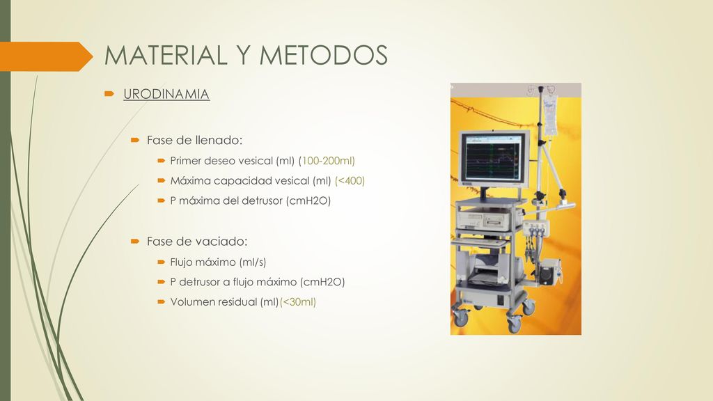 MATERIAL Y METODOS URODINAMIA Fase de llenado: Fase de vaciado: