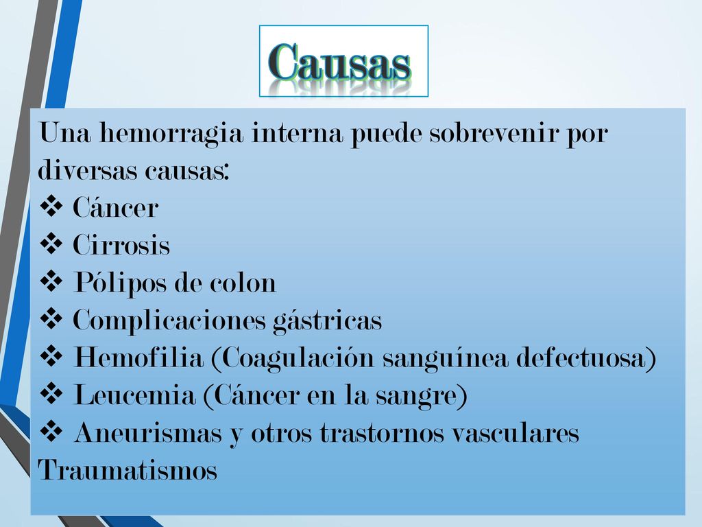 Causas Una hemorragia interna puede sobrevenir por diversas causas: