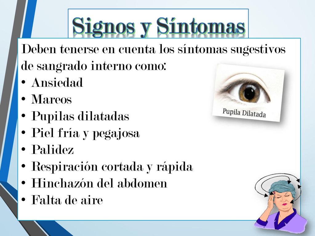 Signos y Síntomas Deben tenerse en cuenta los síntomas sugestivos de sangrado interno como: Ansiedad.