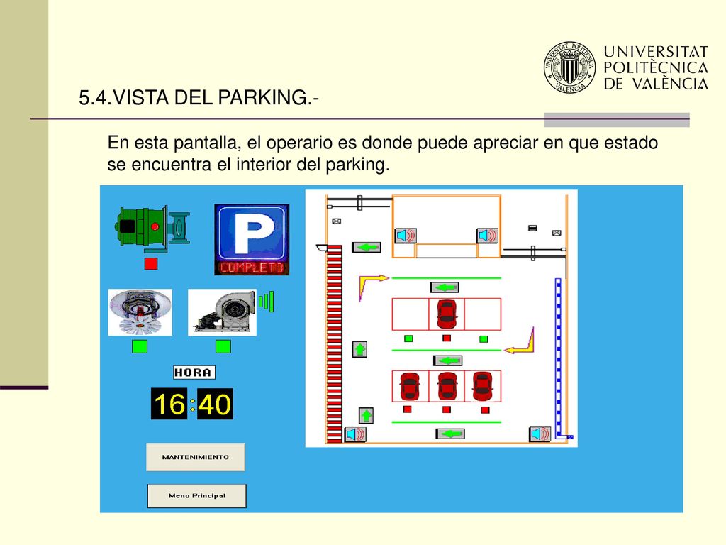 5.4.VISTA DEL PARKING.- En esta pantalla, el operario es donde puede apreciar en que estado se encuentra el interior del parking.