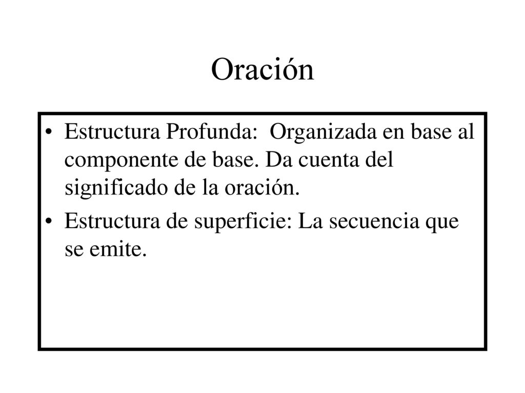 Oración Estructura Profunda: Organizada en base al componente de base. Da cuenta del significado de la oración.