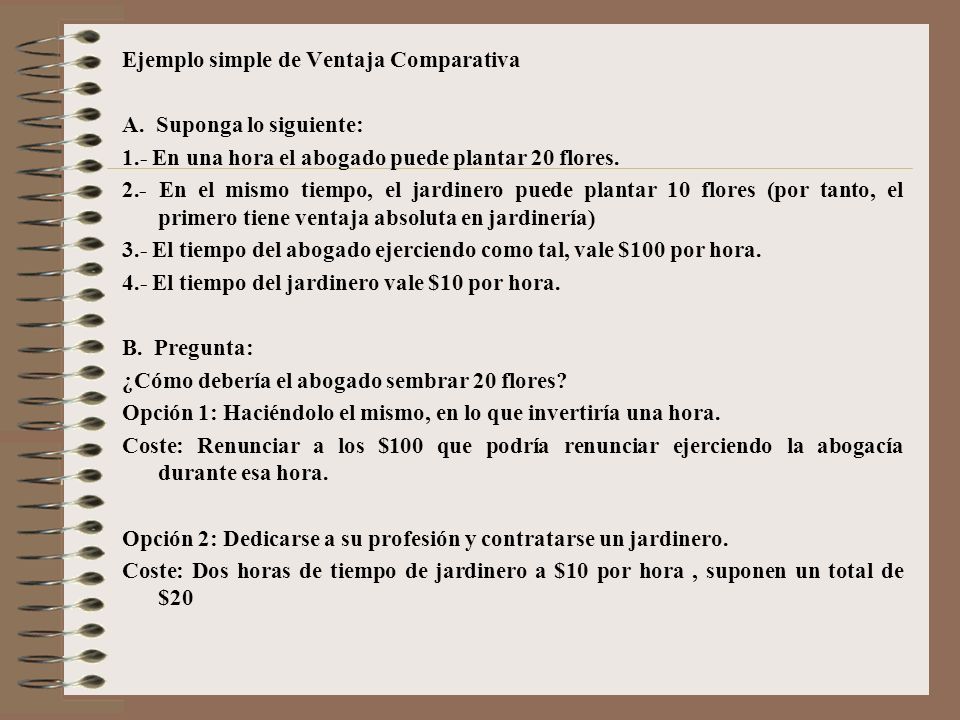 Ejemplo simple de Ventaja Comparativa A. Suponga lo siguiente: 1