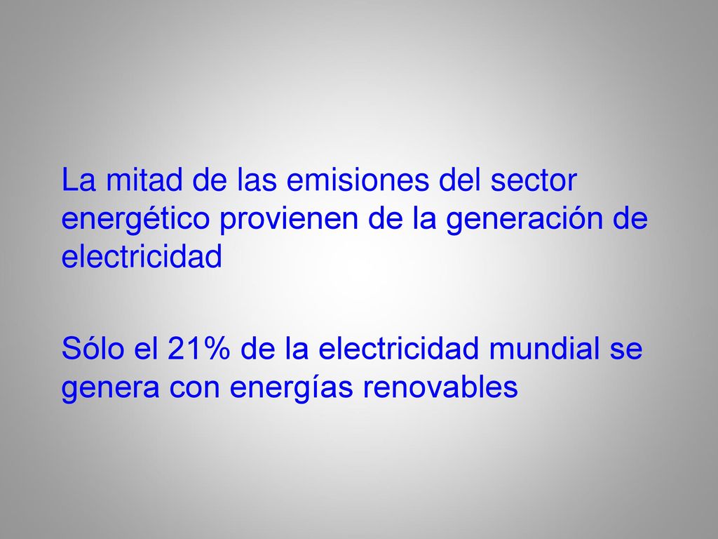 La mitad de las emisiones del sector energético provienen de la generación de electricidad Sólo el 21% de la electricidad mundial se genera con energías renovables