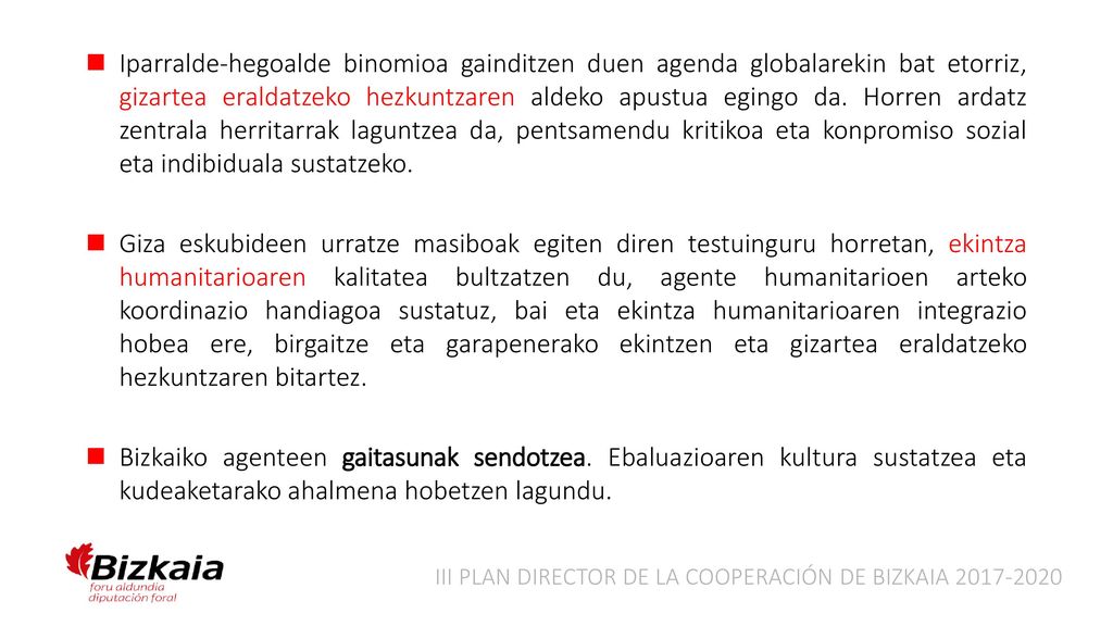 Iparralde-hegoalde binomioa gainditzen duen agenda globalarekin bat etorriz, gizartea eraldatzeko hezkuntzaren aldeko apustua egingo da. Horren ardatz zentrala herritarrak laguntzea da, pentsamendu kritikoa eta konpromiso sozial eta indibiduala sustatzeko.