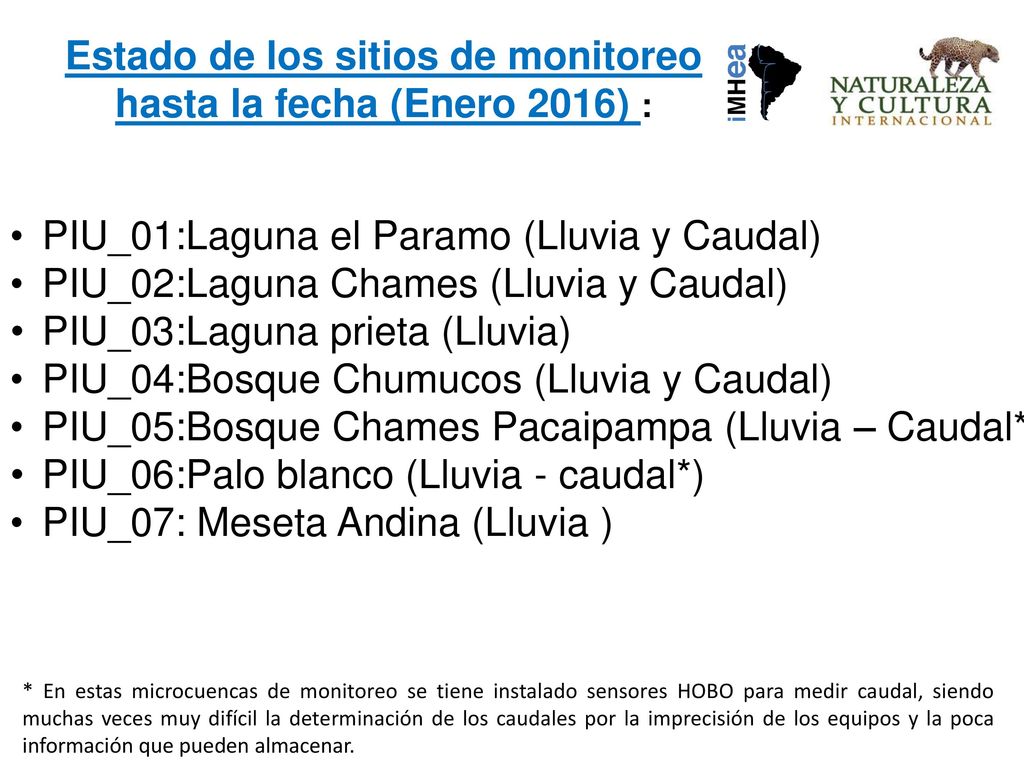 Estado de los sitios de monitoreo hasta la fecha (Enero 2016) :