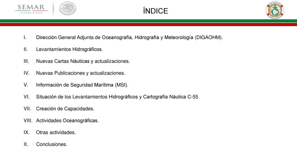 ÍNDICE Dirección General Adjunta de Oceanografía, Hidrografía y Meteorología (DIGAOHM). Levantamientos Hidrográficos.