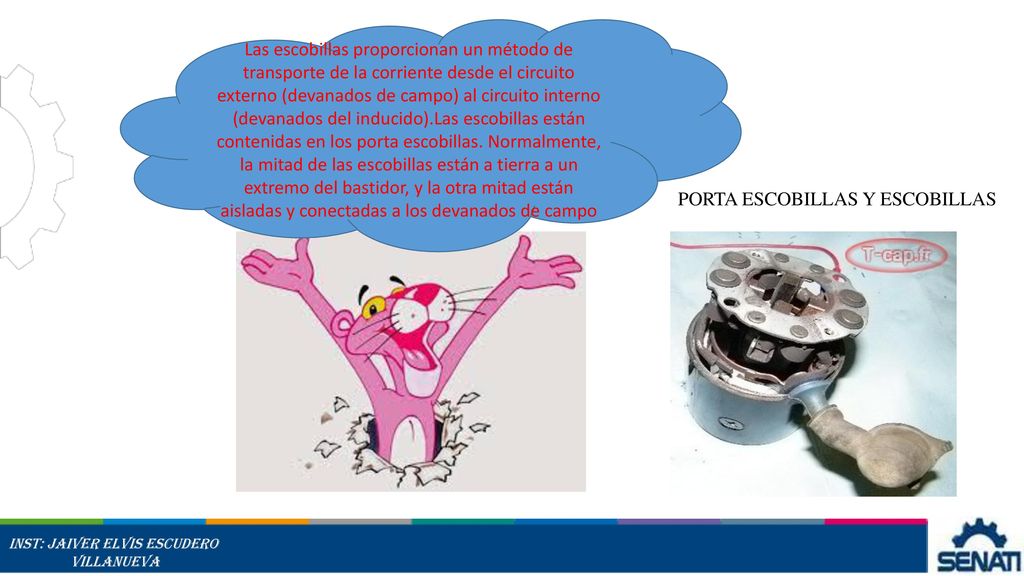 Las escobillas proporcionan un método de transporte de la corriente desde el circuito externo (devanados de campo) al circuito interno (devanados del inducido).Las escobillas están contenidas en los porta escobillas. Normalmente, la mitad de las escobillas están a tierra a un extremo del bastidor, y la otra mitad están aisladas y conectadas a los devanados de campo