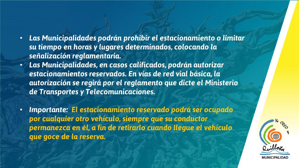Las Municipalidades podrán prohibir el estacionamiento o limitar su tiempo en horas y lugares determinados, colocando la señalización reglamentaria.