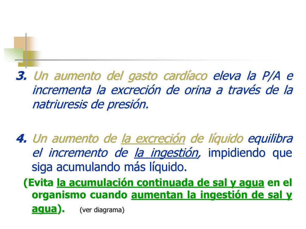 3. Un aumento del gasto cardíaco eleva la P/A e incrementa la excreción de orina a través de la natriuresis de presión.