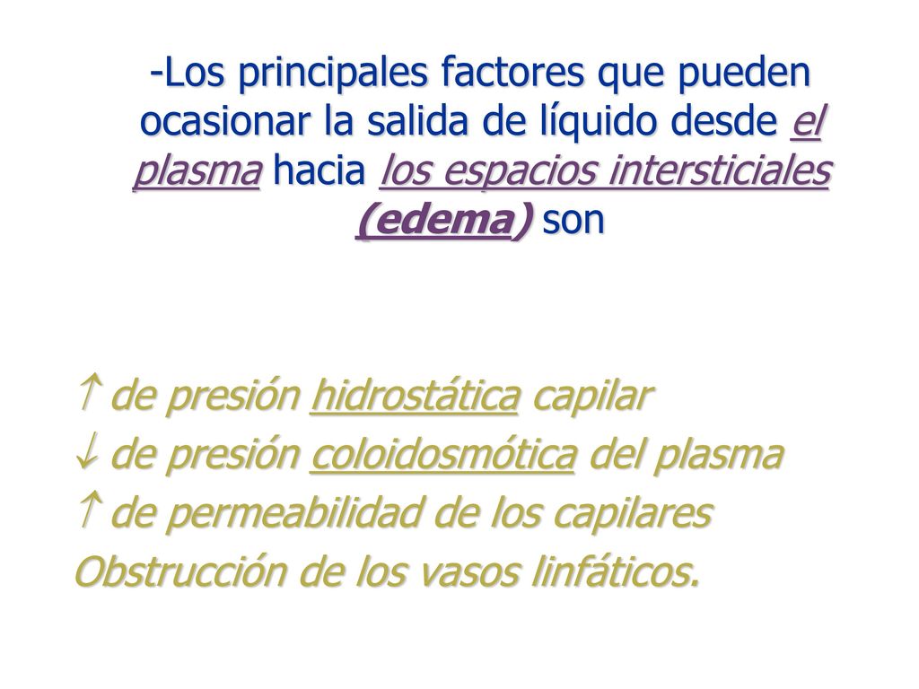 -Los principales factores que pueden ocasionar la salida de líquido desde el plasma hacia los espacios intersticiales (edema) son