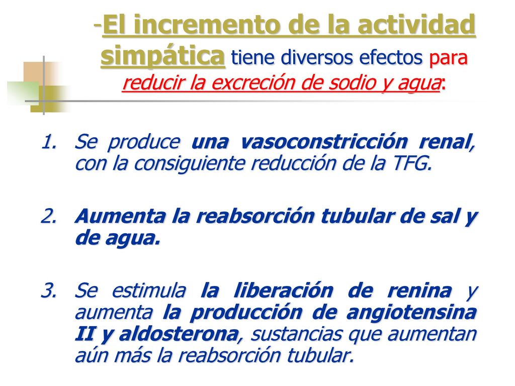 -El incremento de la actividad simpática tiene diversos efectos para reducir la excreción de sodio y agua:
