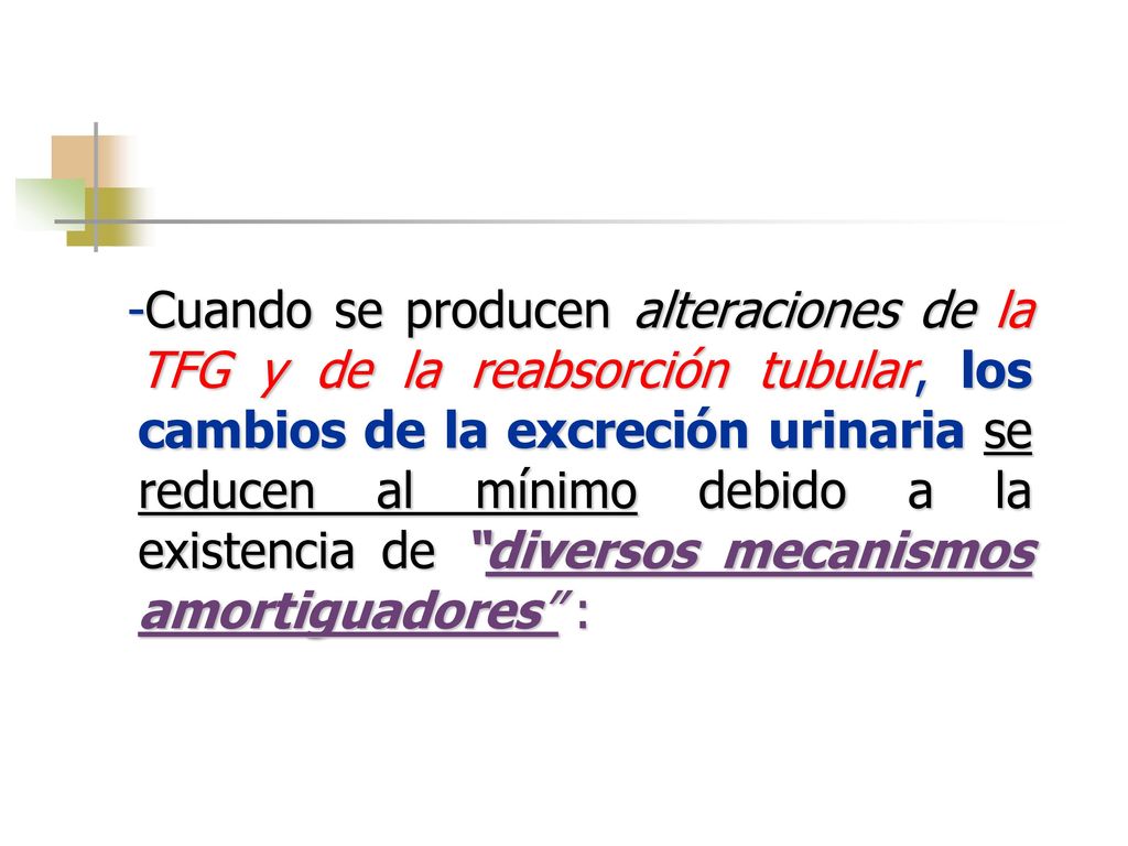 -Cuando se producen alteraciones de la TFG y de la reabsorción tubular, los cambios de la excreción urinaria se reducen al mínimo debido a la existencia de diversos mecanismos amortiguadores :