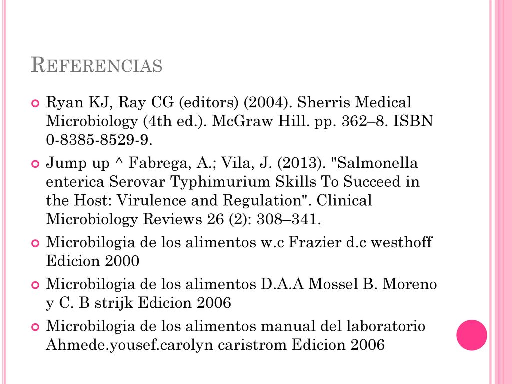 Referencias Ryan KJ, Ray CG (editors) (2004). Sherris Medical Microbiology (4th ed.). McGraw Hill. pp. 362–8. ISBN