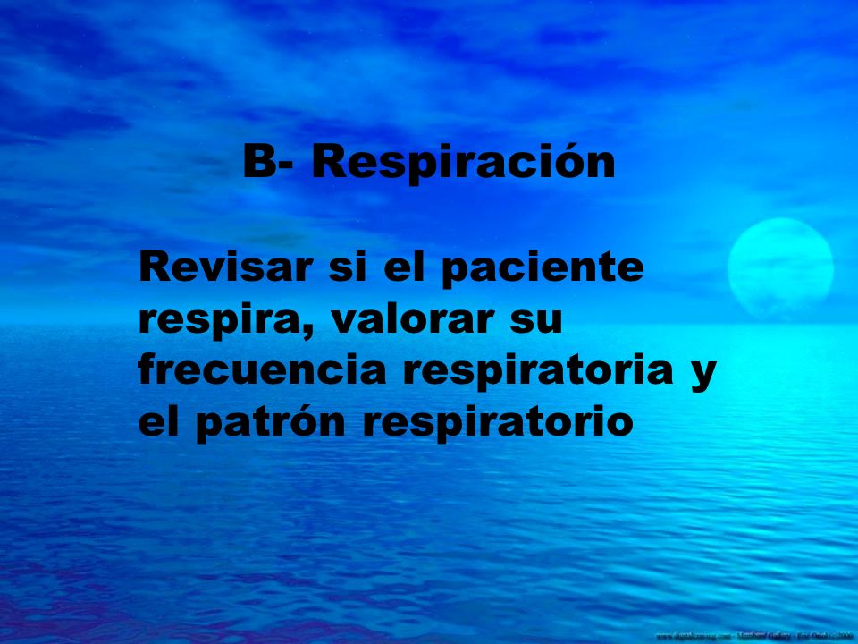 B- Respiración Revisar si el paciente respira, valorar su frecuencia respiratoria y el patrón respiratorio.