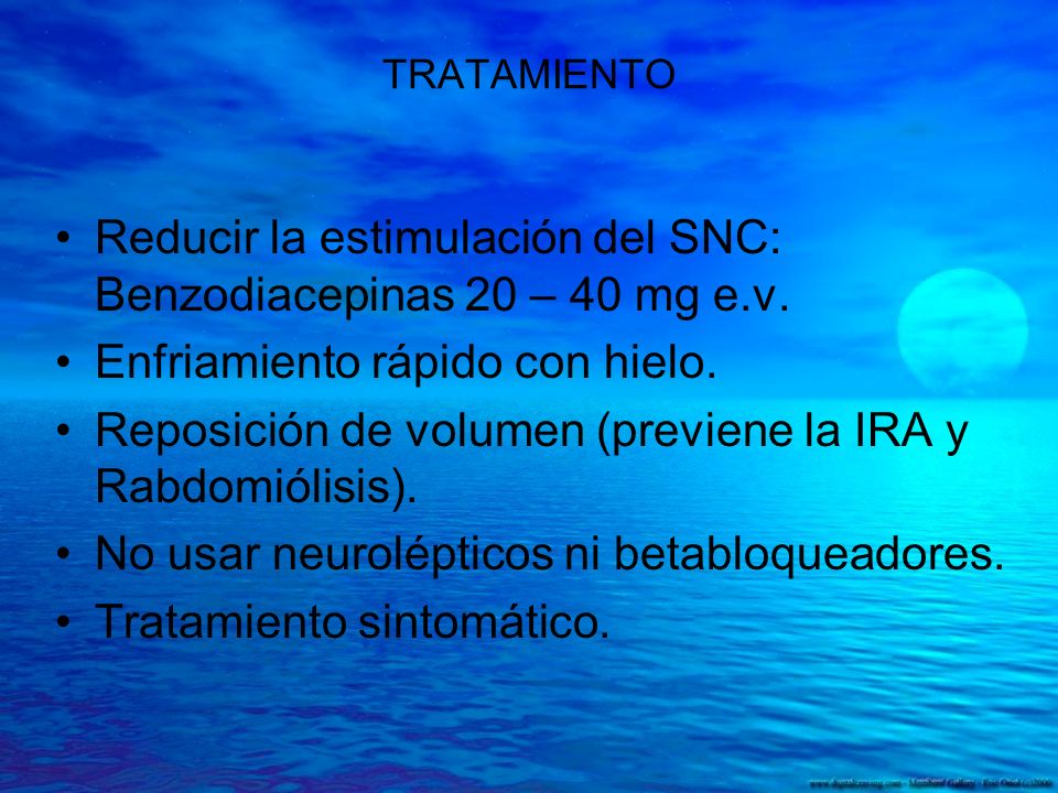 Reducir la estimulación del SNC: Benzodiacepinas 20 – 40 mg e.v.